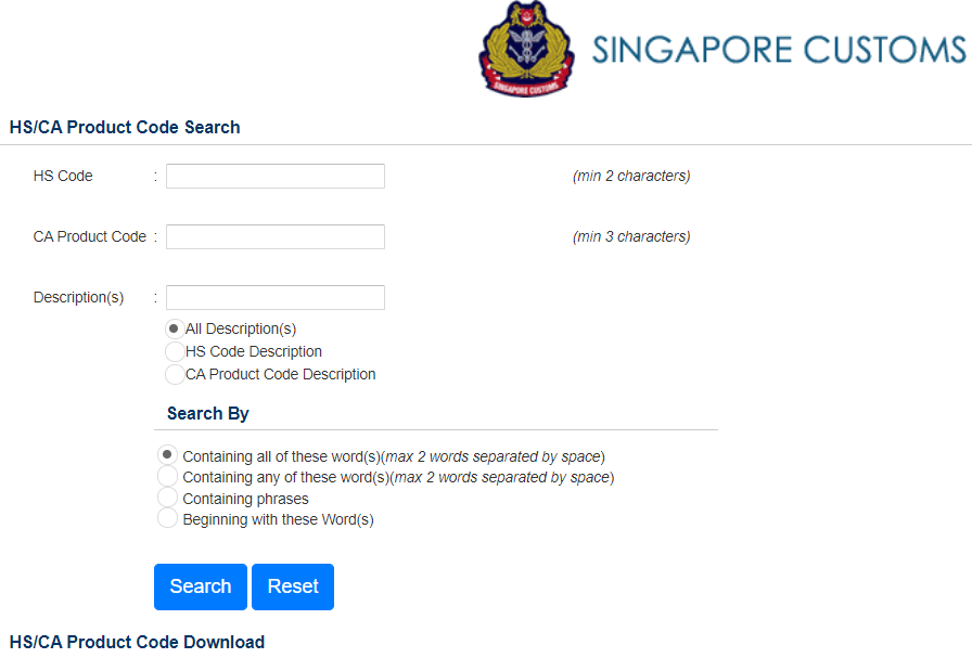 The input fields on TradeNet's HS Code Search tool