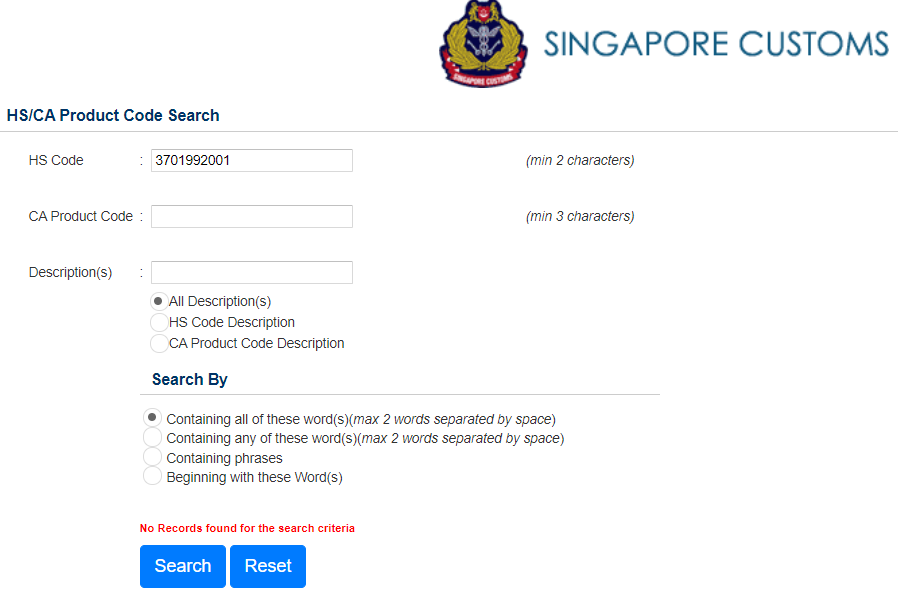 Expected behavior of no result when searching a non-Singapore HS code