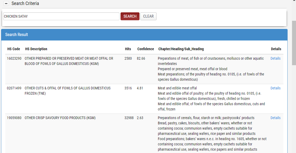 SG HS for "chicken satay" using GeTS TradeWeb HS Classification